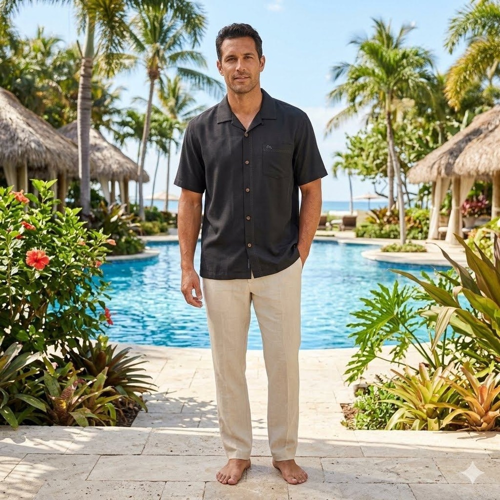 Tommy Bahama Island Modern Fit Black Silk Short Sleeve Camp Shirt Mens XL